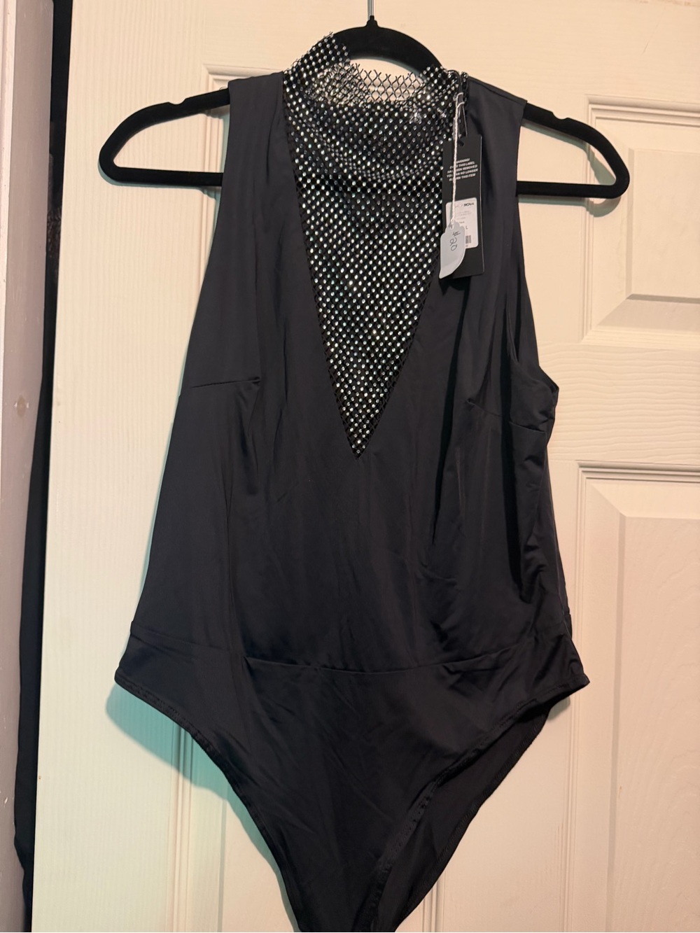 Fashion Nova Black Sleeveless V-Neck Bodysuit with Rhinestone Mesh